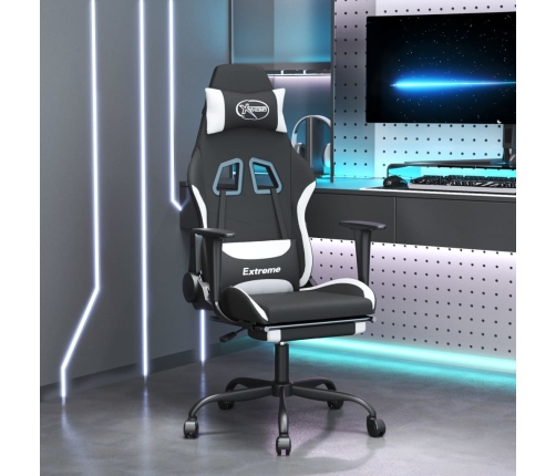 Silla gaming con reposapiés tela negro y blanco