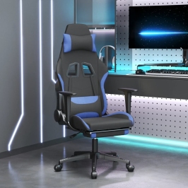 Silla gaming con reposapiés tela negro y azul