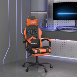 Silla gaming con reposapiés cuero sintético negro naranja