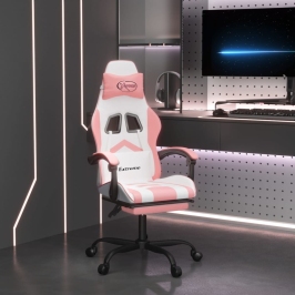 Silla gaming con reposapiés cuero sintético blanco y rosa