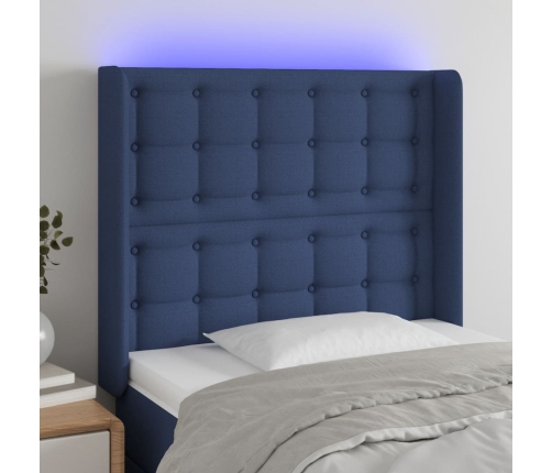 Cabecero con LED de tela azul 93x16x118/128 cm