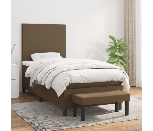 Cama box spring con colchón tela marrón oscuro 90x190 cm