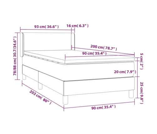 Cama box spring con colchón tela marrón oscuro 90x200 cm