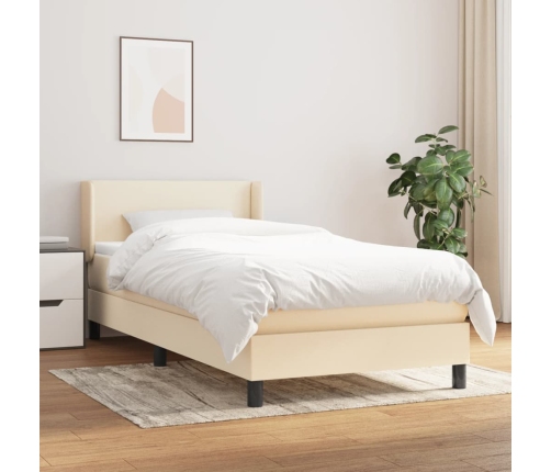 Cama box spring con colchón tela color crema 90x200 cm