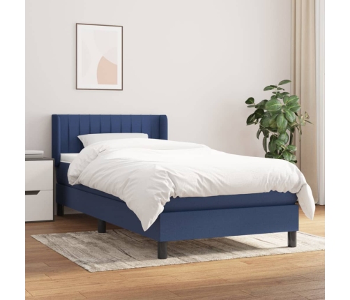 Cama box spring con colchón tela azul 90x190 cm