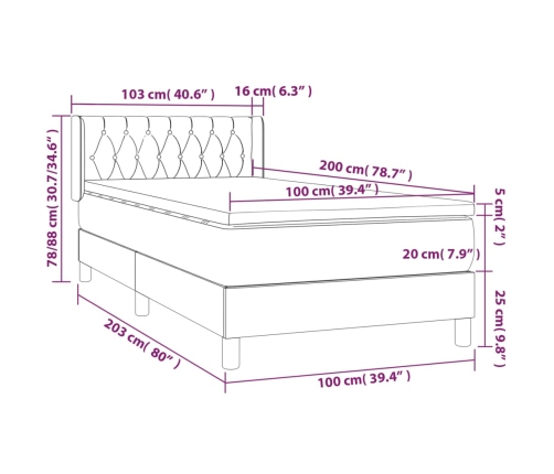 Cama box spring con colchón tela gris claro 100x200 cm