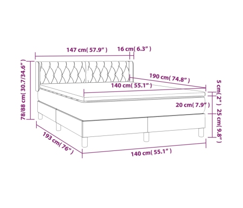 Cama box spring con colchón tela color crema 140x190 cm