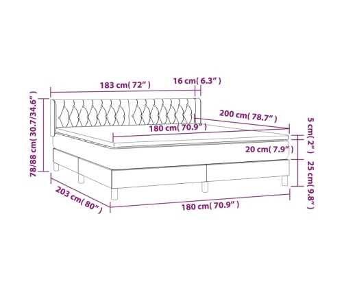 Cama box spring con colchón tela gris claro 180x200 cm