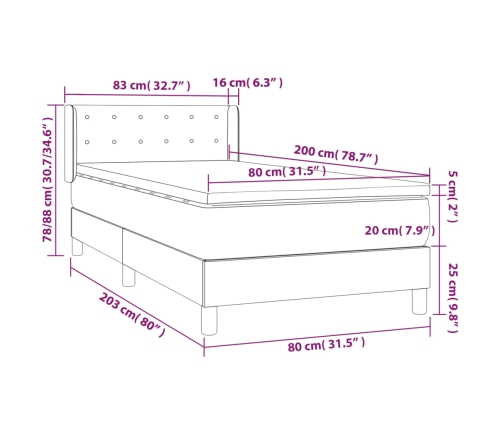 Cama box spring con colchón tela azul 80x200 cm