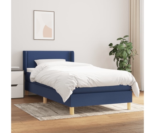 Cama box spring con colchón tela azul 90x190 cm