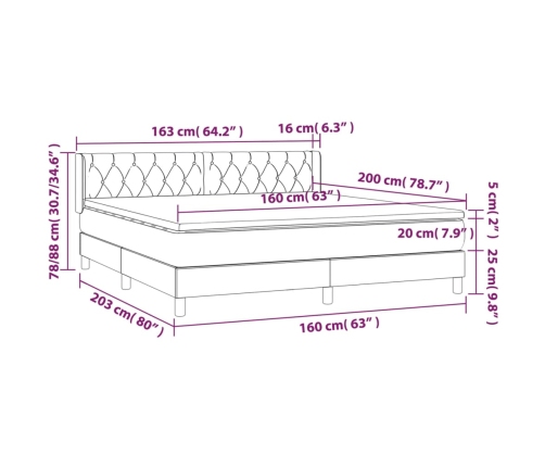 Cama box spring con colchón tela marrón oscuro 160x200 cm