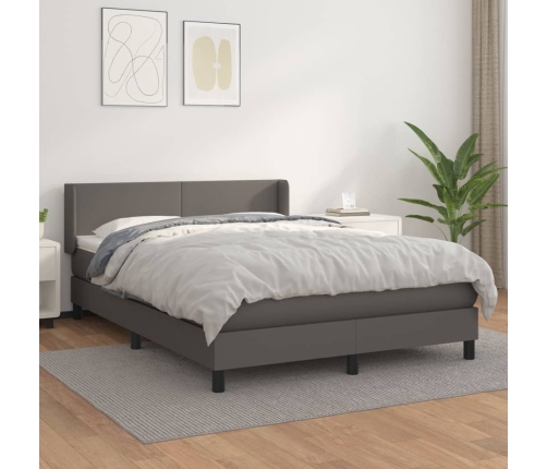 Cama box spring con colchón cuero sintético gris 140x190 cm