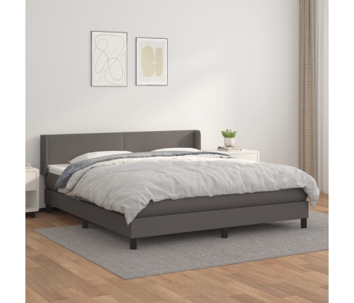 Cama box spring con colchón cuero sintético gris 160x200 cm