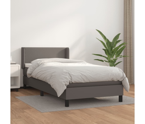 Cama box spring con colchón cuero sintético gris 90x200 cm