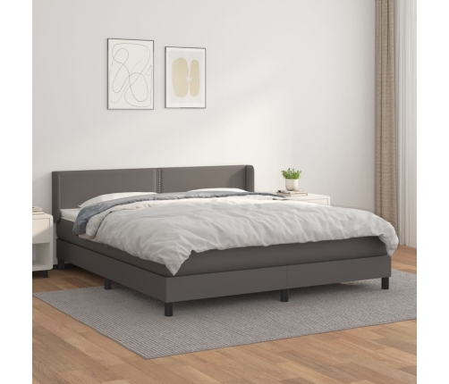 Cama box spring con colchón cuero sintético gris 160x200 cm