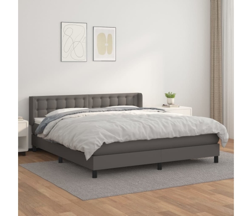 Cama box spring con colchón cuero sintético gris 160x200 cm