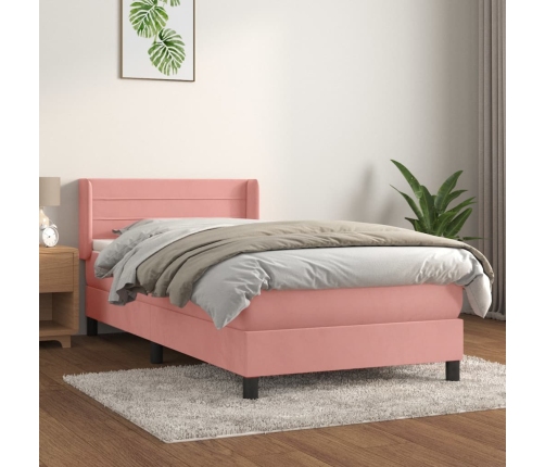 Cama box spring con colchón terciopelo rosa 100x200 cm