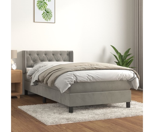 Cama box spring con colchón terciopelo gris claro 80x200 cm