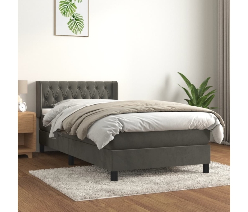 Cama box spring con colchón terciopelo gris oscuro 90x190 cm