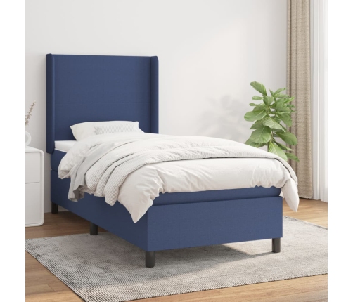 Cama box spring con colchón tela azul 80x200 cm