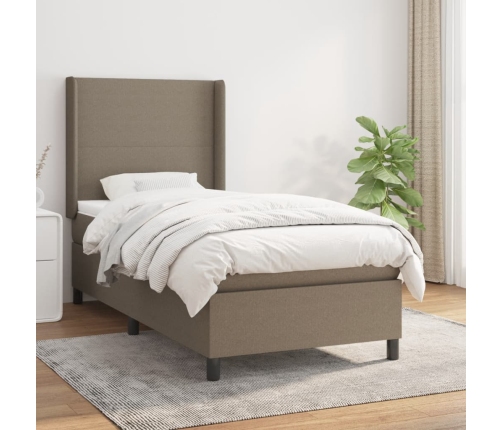 Cama box spring con colchón tela gris taupe 90x200 cm