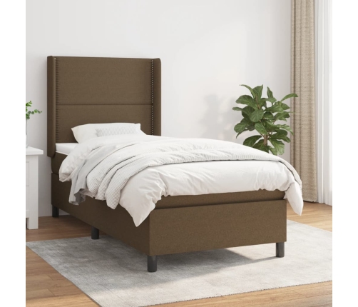 Cama box spring con colchón tela marrón oscuro 80x200 cm