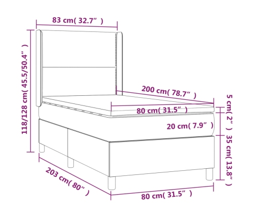 Cama box spring con colchón tela color crema 80x200 cm