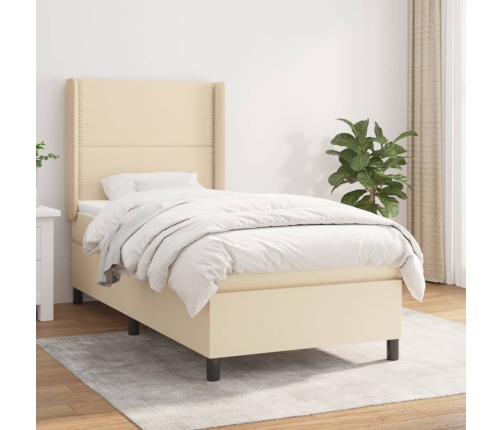 Cama box spring con colchón tela color crema 90x200 cm