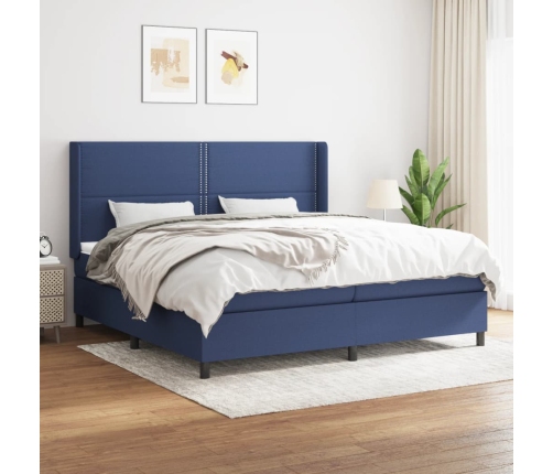 Cama box spring con colchón tela azul 200x200 cm