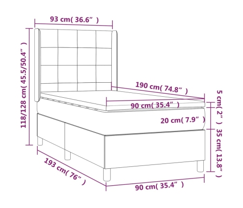 Cama box spring con colchón tela gris taupe 90x190 cm