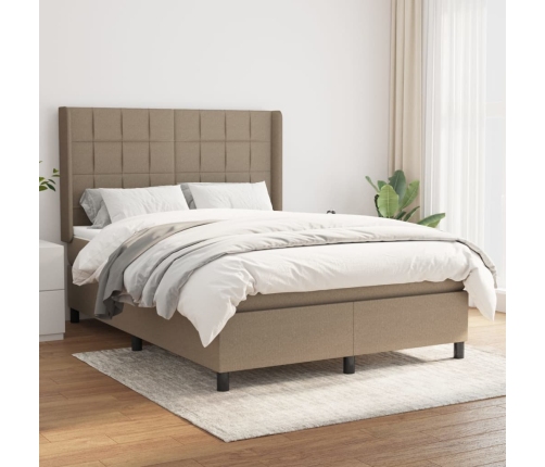 Cama box spring con colchón tela gris taupe 140x190 cm