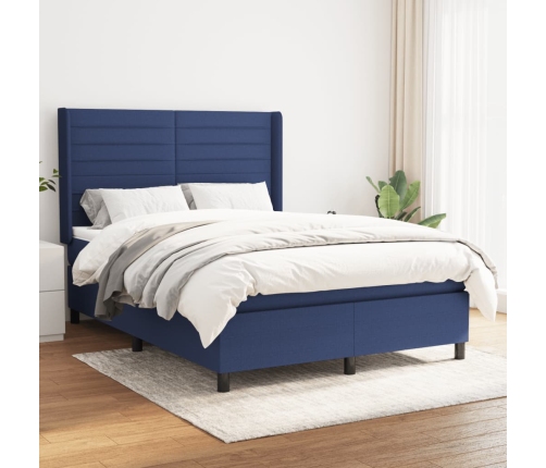 Cama box spring con colchón tela azul 140x190 cm