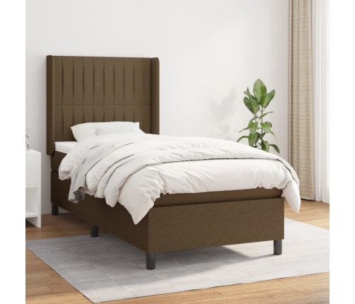 Cama box spring con colchón tela marrón oscuro 90x200 cm