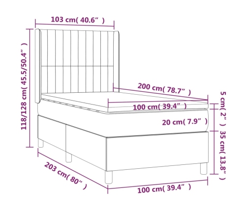 Cama box spring con colchón tela marrón oscuro 100x200 cm