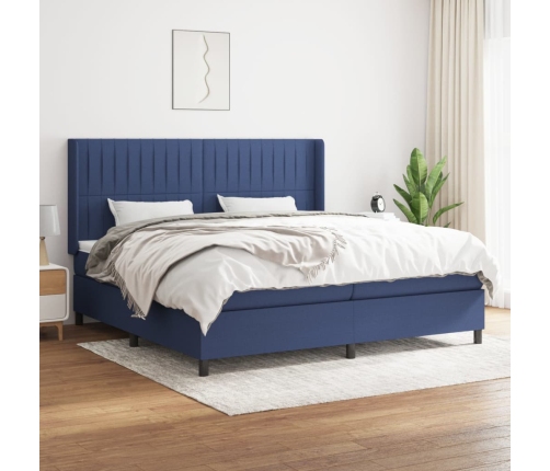 Cama box spring con colchón tela azul 200x200 cm