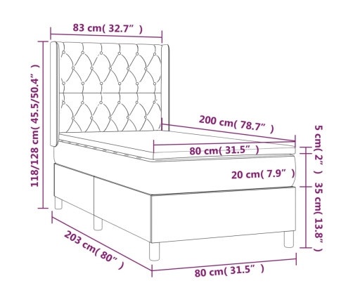 Cama box spring con colchón tela gris claro 80x200 cm