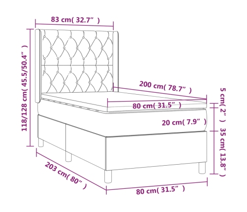 Cama box spring con colchón tela gris oscuro 80x200 cm