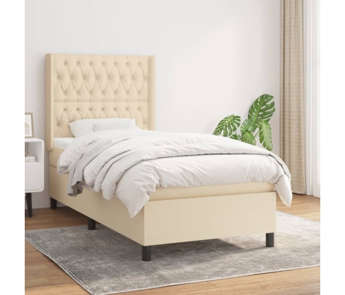 Cama box spring con colchón tela color crema 90x200 cm