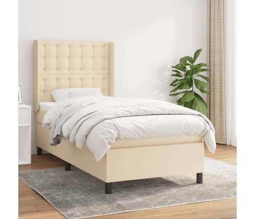 Cama box spring con colchón tela color crema 90x200 cm