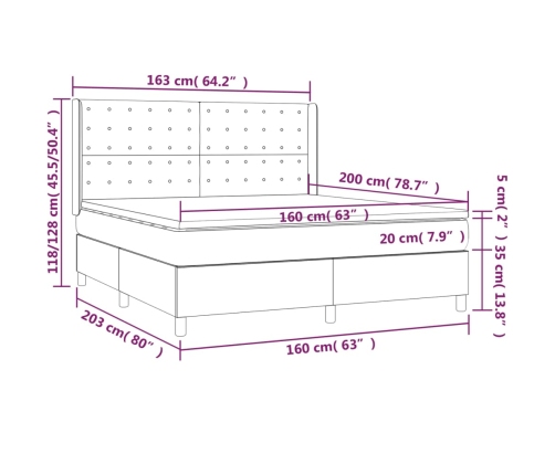 Cama box spring con colchón tela marrón oscuro 160x200 cm