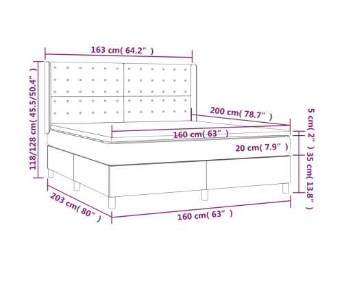 Cama box spring con colchón tela azul 160x200 cm