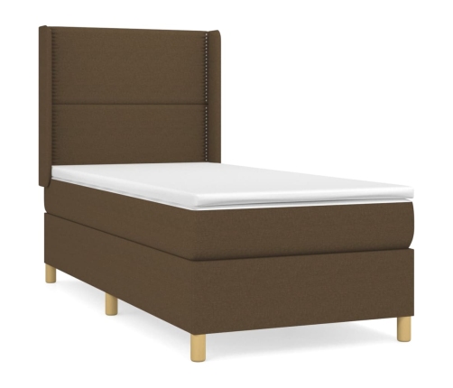 Cama box spring con colchón tela marrón oscuro 90x190 cm