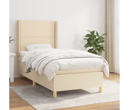 Cama box spring con colchón tela color crema 90x190 cm