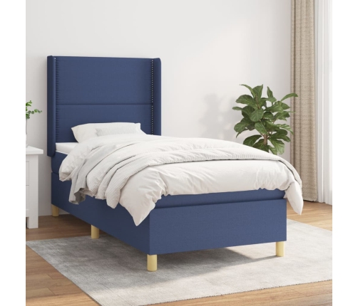 Cama box spring con colchón tela azul 90x200 cm