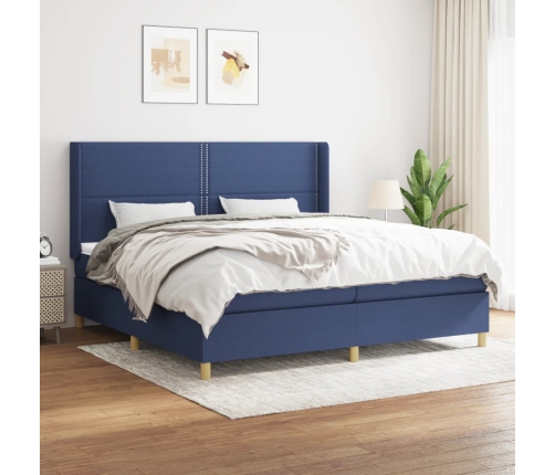 Cama box spring con colchón tela azul 200x200 cm