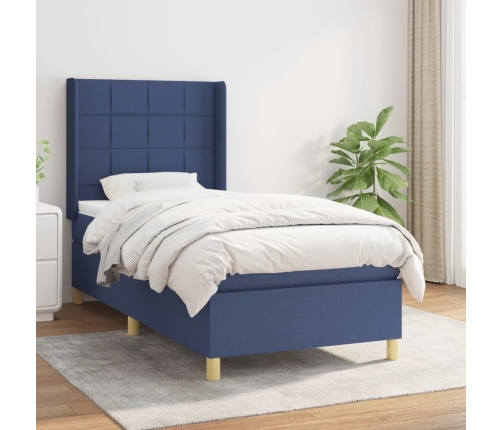 Cama box spring con colchón tela azul 90x190 cm