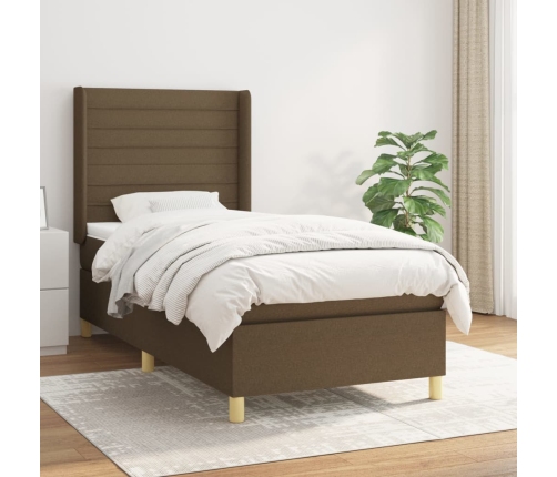 Cama box spring con colchón tela marrón oscuro 90x200 cm