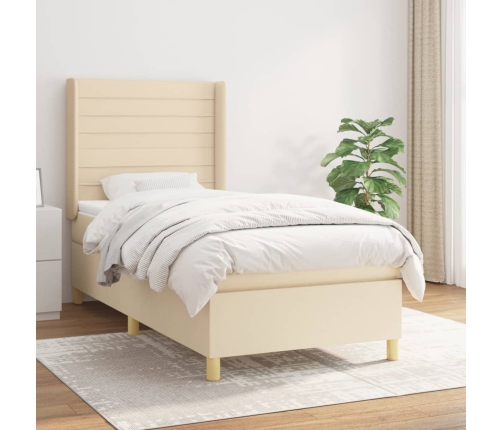 Cama box spring con colchón tela color crema 90x200 cm