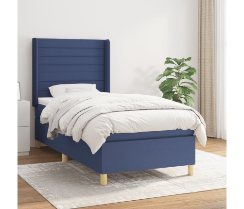 Cama box spring con colchón tela azul 90x200 cm