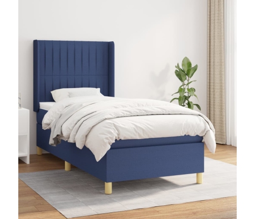 Cama box spring con colchón tela azul 90x190 cm